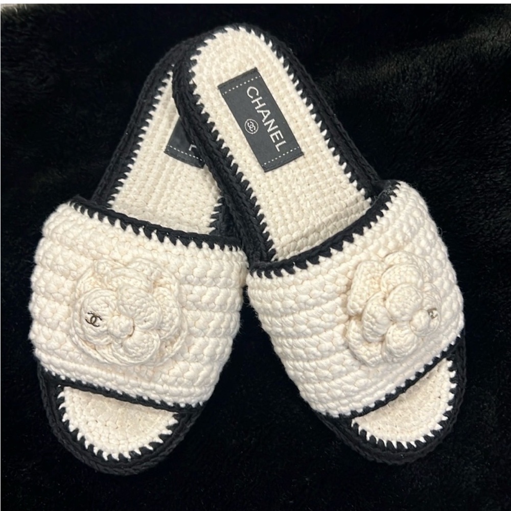 CHANEL Black and White Crochet Sandals